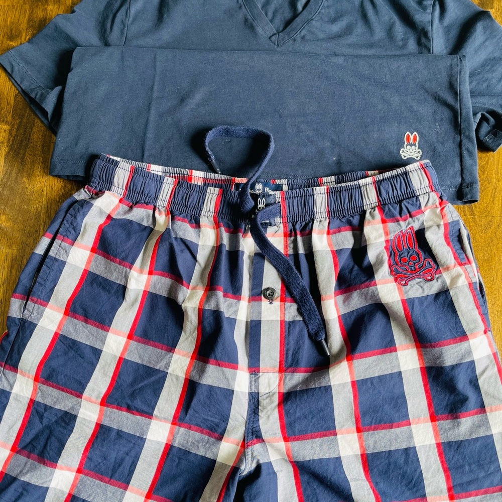 Psycho Bunny Navy & Red PJ Set V-Neck Shirt and Plaid Shorts